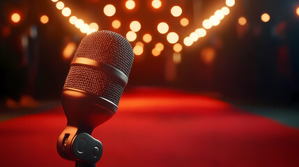 Black Microphone on Red Carpet with Energetic Ambiance