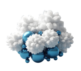  puffy white cloud adorned with blue spheres, rendered in 3D. PNG