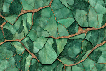 Obraz premium Abstract green leaf texture with interwoven copper branches; artistic nature-inspired background ideal for design projects, home decor, and textile prints.