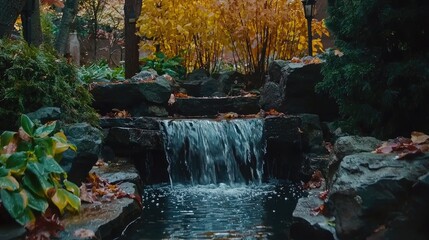 Fototapeta premium Autumn waterfall garden, tranquil scene, city park