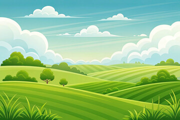 Obraz premium Sunny idyllic rolling green hills landscape, idyllic countryside background, perfect for travel brochure