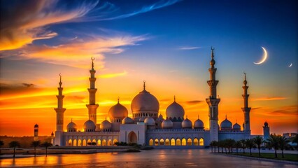 silhouette of an iconic mosque stands with a crescent moon of deep blues and golden hues, mosque at sunset