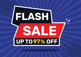 Flash sale up to 97 % off. On blue background with radial rays and blue background.