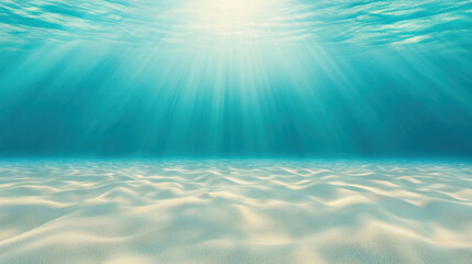 Beneath tranquil surface, sun rays illuminate calm ocean floor, creating serene underwater scene filled with soft sand and gentle waves