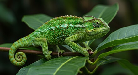 A vibrant green chameleon clings to a branch amidst lush leaves, showcasing its detailed scales and curled tail in a tropical jungle setting.