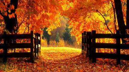 Autumnal landscape featuring a wooden fence, vibrant fall foliage, and a sunlit path. Ideal for seasonal greetings or nature-themed projects.