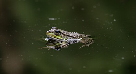 A frog floats on a calm pond, its head peeking above the water, reflecting on the surface, surrounded by stillness and gentle ripples.