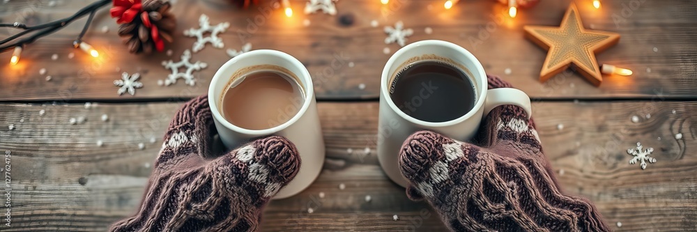 Wall mural Cozy image of two cups of coffee adorned with mittens sitting on a rustic wooden table, festive, warm drinks, wood