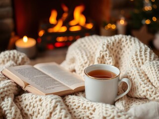 Cozy hygge scene with open book and cup of tea near a crackling fireplace, relaxation, tea, reading