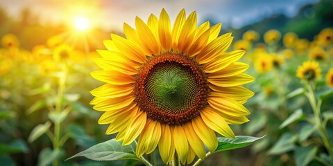 Fototapeta premium A majestic sunflower towering above the landscape with its large petals and dark center surrounded by a few green leaves, petal, blossom, tall, dark