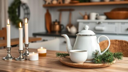 Fototapeta premium Cozy Scandinavian kitchen interior with fir branches, icicle candles, teapot, tea, wooden table - festive drinks concept, teapot, interior, cozy