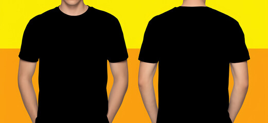 blank man plain black t-shirt front and back mockup tshirt on colourful vector abstract background, 300dpi, 3d illustration