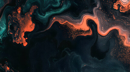 Obraz premium Abstract fluid art background with teal, orange, and black paint swirls. Perfect for design projects needing a unique texture.
