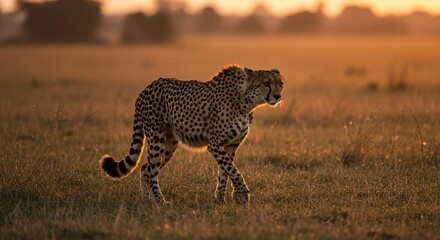 A majestic cheetah strides through the golden grasslands at sunset, its sleek, spotted coat glowing in the warm light, embodying speed, grace, and the wild beauty of the savanna.