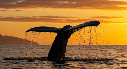 A majestic whale tail rises from the ocean at sunset, water cascading from its fins, creating a breathtaking silhouette against the golden sky and tranquil sea. © ikhwan