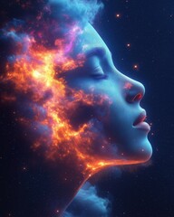 Obraz premium Meta Spirituality Stock Photo Woman Head with Fiery Cosmic Nebula