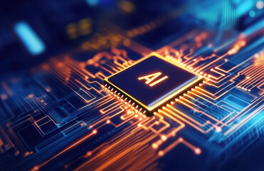 close up of microchip featuring letters AI, showcasing intricate circuitry and vibrant colors. This represents advanced technology and innovation in artificial intelligence