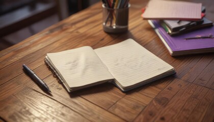 Fototapeta premium A pen lies on a wooden table with an empty notebook beside it, wood grain pattern, writing tools, minimalist decor