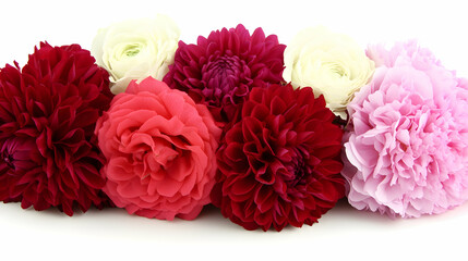 Vibrant bouquet of dahlias, ranunculus, and peonies in shades of pink, red, and white. Perfect for wedding, anniversary, or Valentine's Day.