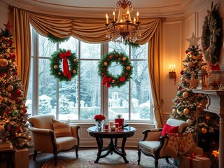 Elegant Christmas tree with toys and garlands in bright living room with white leather sofa, elegance, decorations, luxurious