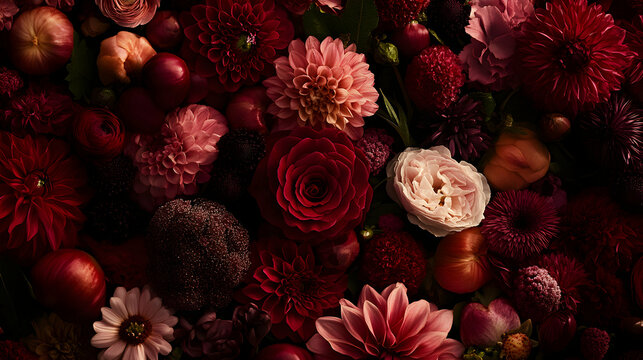 Lush bouquet of deep red and burgundy flowers, including roses, dahlias, and ranunculus, artfully arranged with dark red apples.  Perfect for autumnal or romantic themes.