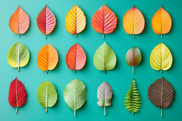 Fototapeta premium Vibrant autumn leaves arranged on a teal background; a colorful flatlay showcasing various leaf shapes and autumnal hues. Perfect for seasonal designs and fall-themed projects.