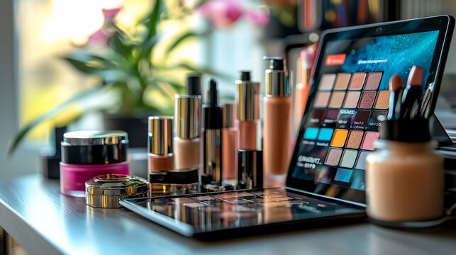 Makeup products displayed on a tablet, home office background, beauty tutorial