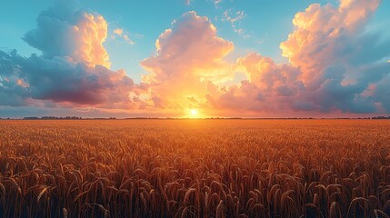 Sunset over golden wheat fields rural landscape scenic photography vibrant sky tranquil ambiance
