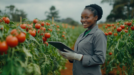 Black modern farmer woman holding tablet working in tomato plant field