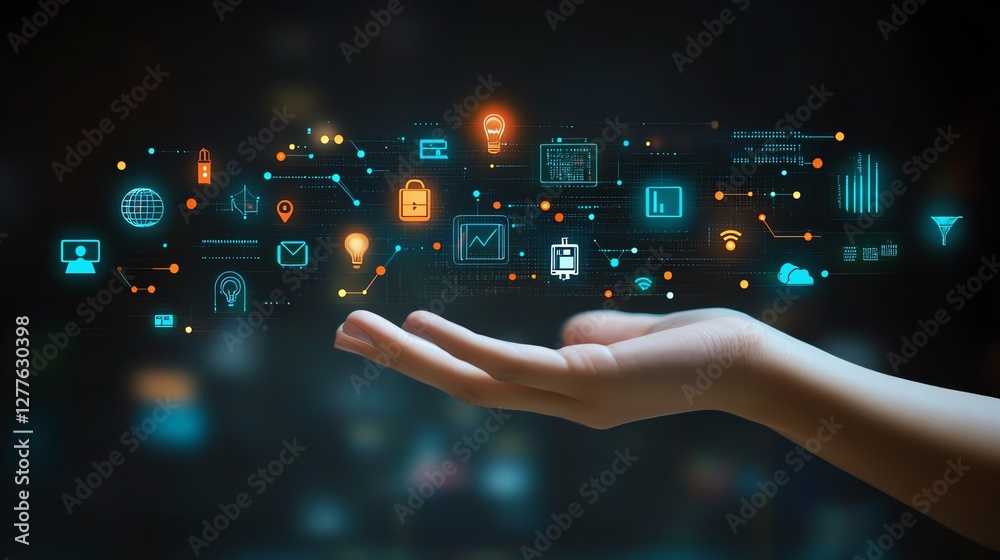 Poster a hand presenting a digital interface with floating networking and technology icons, symbolizing adv