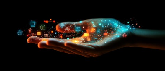 A hand holding a floating digital interface with interconnected networking and technology icons, representing innovation and advanced digital communication