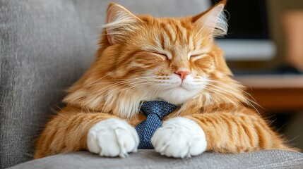 Ginger Cat In Blue Tie Relaxing On Armchair