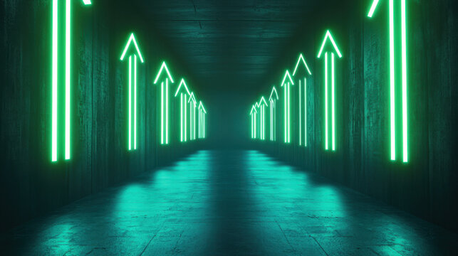 dark corridor illuminated by glowing green arrows, creating futuristic atmosphere. neon lights guide viewer gaze forward, enhancing sense of depth and direction
