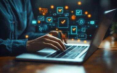 Business professional interacting with a laptop