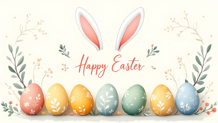 Happy Easter. Bunnies, eggs and flowers. Modern style design, pastel colors