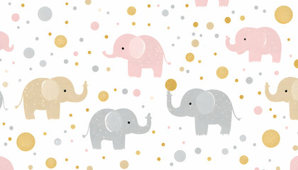 Adorable seamless pattern featuring cute pastel elephants and gold confetti dots; perfect for baby shower invitations, nursery decor, or fabric prints.