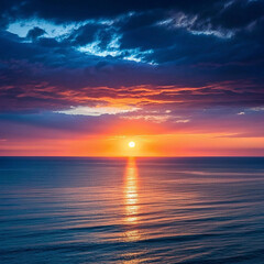 Fototapeta premium Vibrant ocean sunrise, dramatic cloudscape, peaceful seascape, travel poster