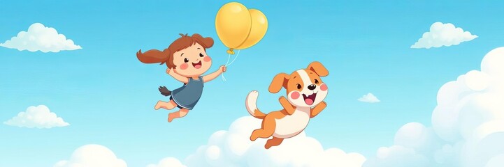 Fototapeta premium Hand-drawn vector illustration of a charming dog floating with a blue balloon, floating, illustration, flying