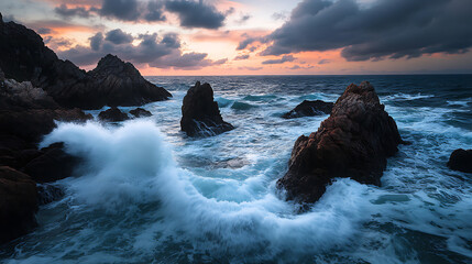 A dramatic seascape with waves crashing against jagged rocks under a moody twilight sky 