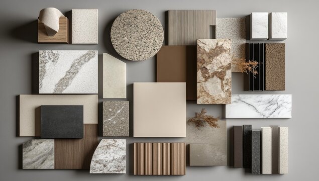 Assorted stone and wood samples displayed on gray background