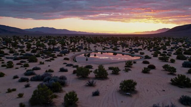 Desert oasis with palm trees under a colorful sunset sky, reflecting pool, panoramic landscape. Serenity and tranquility in nature concept