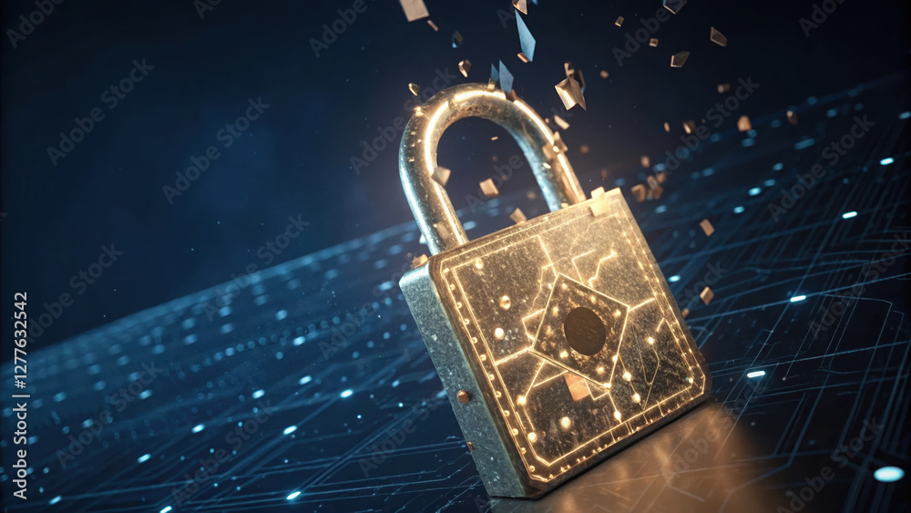 Poster glowing blockchain lock with smart contract code, symbolizing security