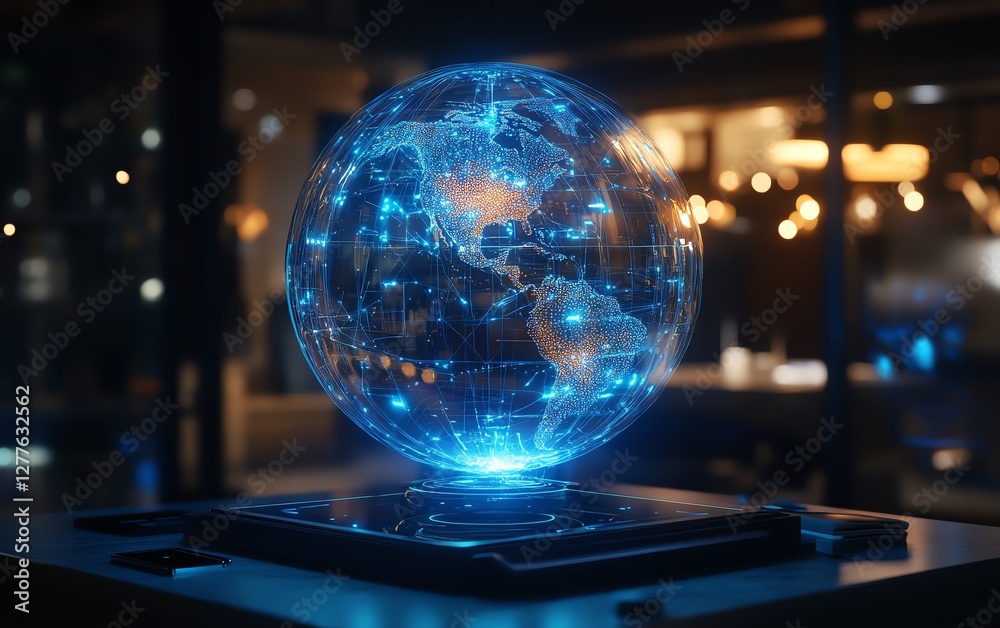 Poster an interactive, futuristic digital globe interface with illuminated network connections and floating