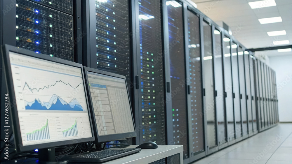 Poster data center with servers and monitoring screens displaying analytics