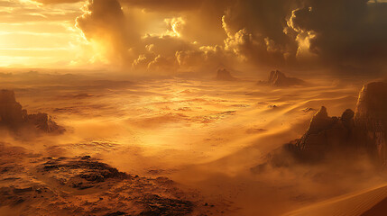 A golden sandstorm sweeping across an ancient desert landscape 