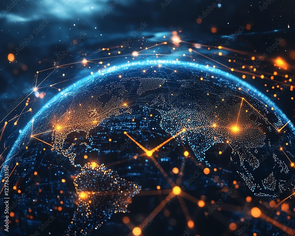 Poster a sleek, interactive digital globe interface with floating data points and holographic connections, 