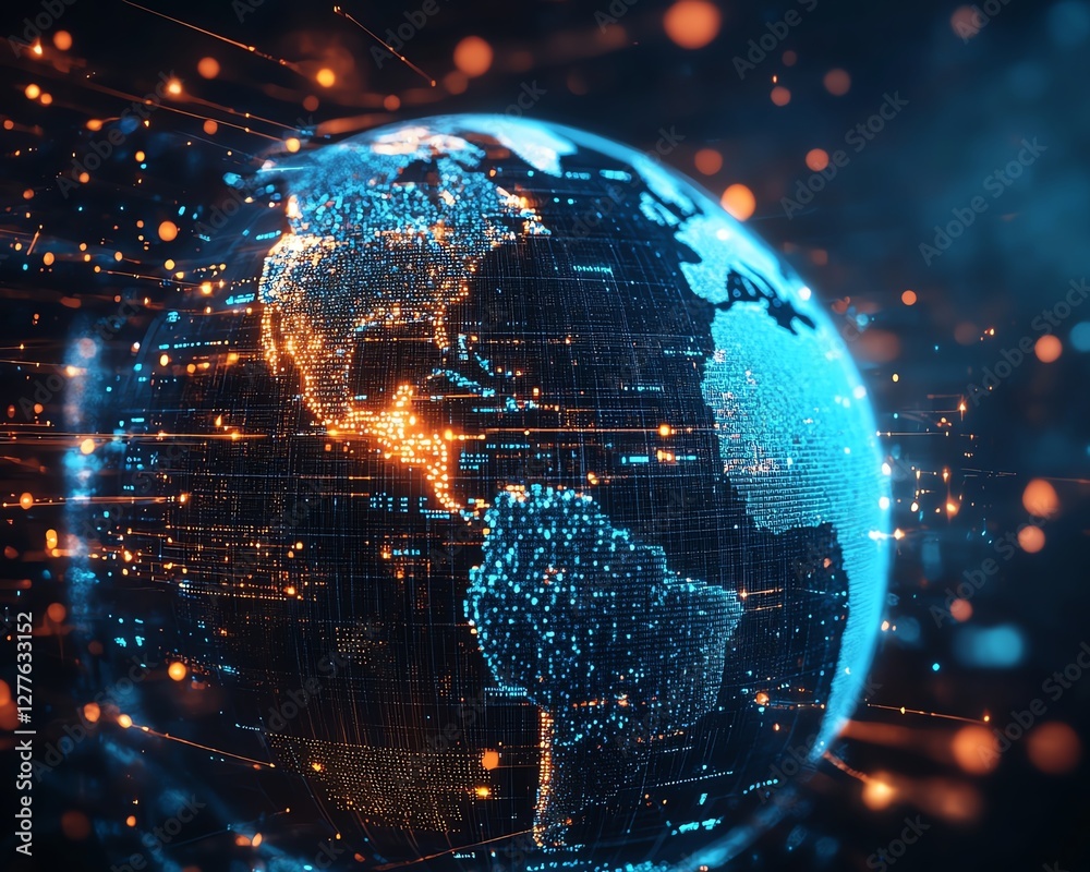 Poster a sleek, interactive digital globe interface with floating data points and holographic connections, 