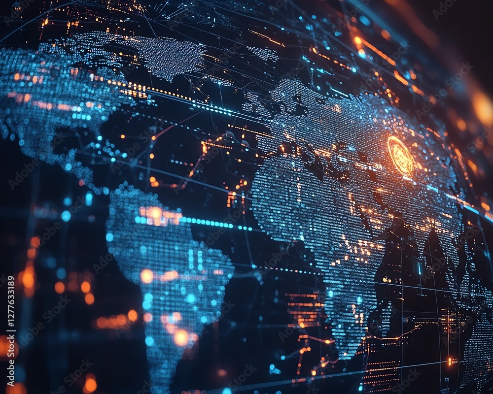 Poster a sleek, interactive digital globe interface with floating data points and holographic connections, 