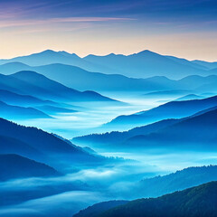 Obraz premium Misty Blue Mountain Sunrise Landscape, Serenity Wallpaper