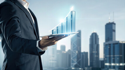 Fototapeta premium businessman in suit holds tablet displaying growing graph, symbolizing success